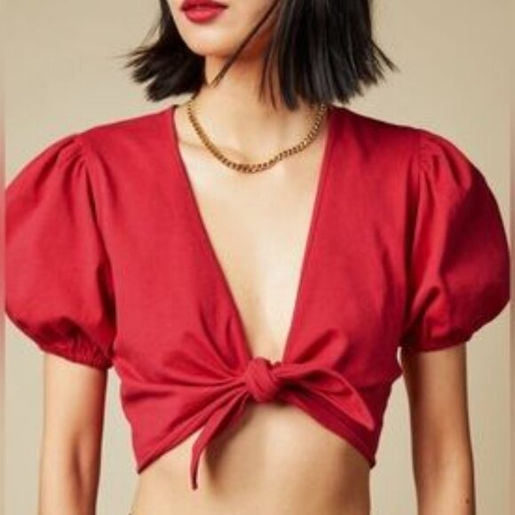 Aritzia Red Puff‎ Sleeve Tie Front Crop Top Womens Size Medium Sunday Best 77868 - Picture 3 of 15